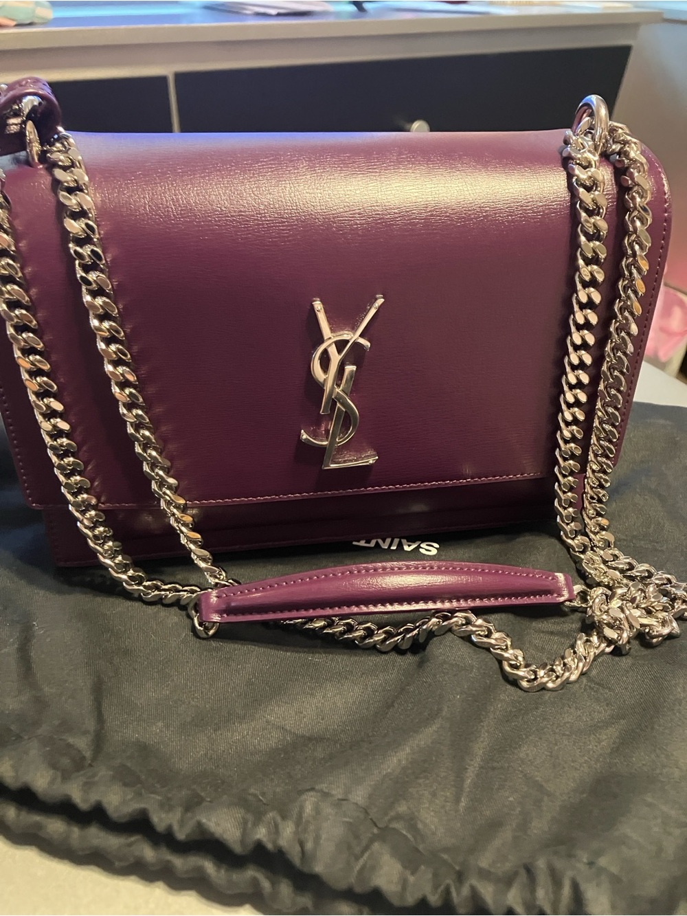 Saint Laurent Purple Leather Crossbody with silver YSL Logo